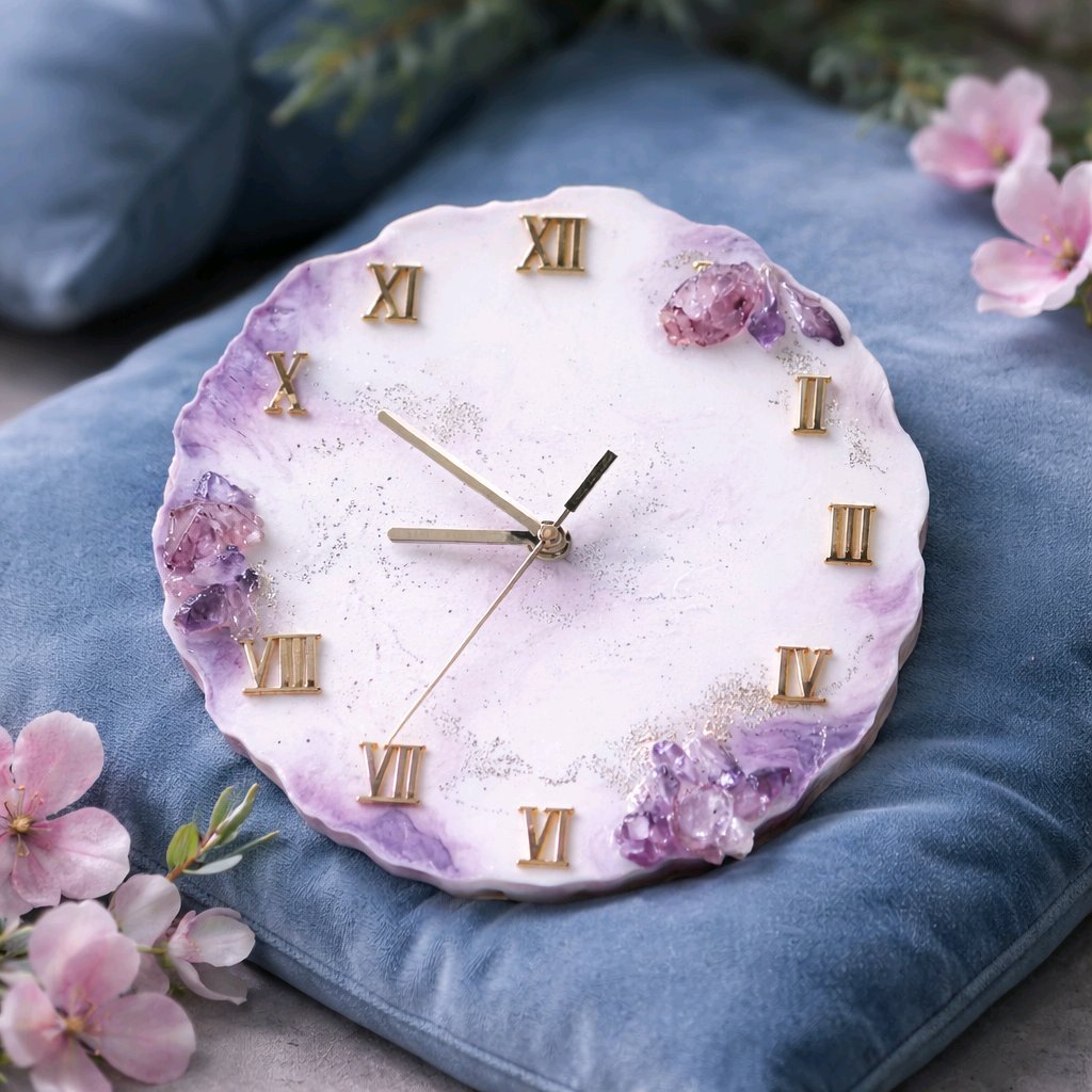Reloj simil marmol violeta/lila/blanco con detalles en dorado e incrustaciones de piedras amatistas